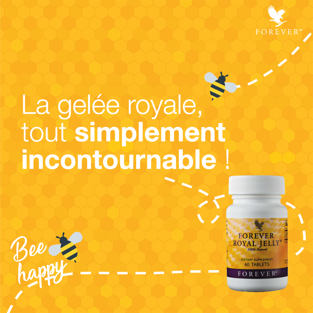 Flacon de Forever Royal Jelly sur fond alvéolé jaune avec des illustrations d'abeilles et le texte "La gelée royale, tout simplement incontournable !