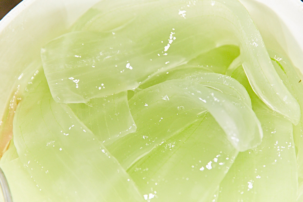 Gros plan sur des tranches de mucilage d'aloe vera translucides et fraîches, montrant la texture gélifiée et pure de la plante.