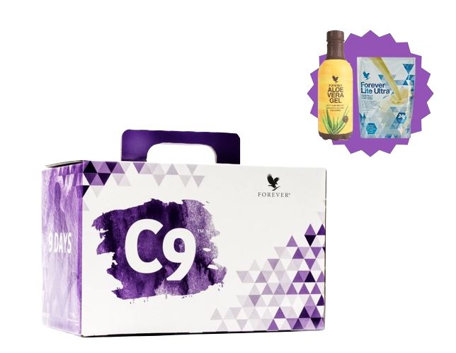 Le pack Forever C9 violet et blanc avec un zoom sur la bouteille de Pulpe d'Aloès et le sachet de Forever Lite Ultra vanille.
