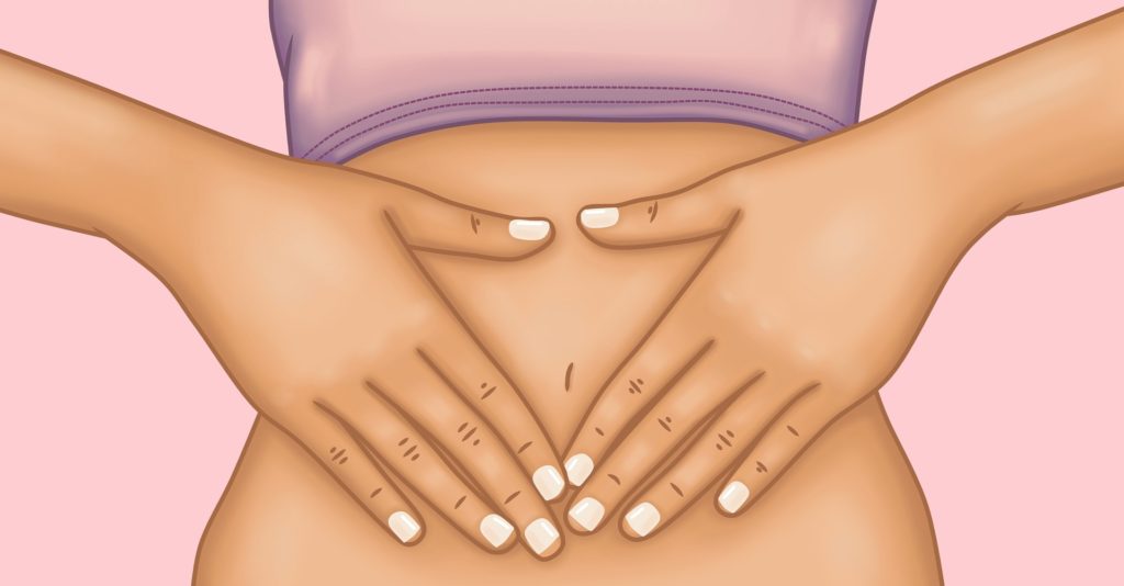 Illustration d'une personne plaçant ses mains en forme de cœur sur son ventre, symbolisant le confort digestif et l'équilibre de la flore intestinale.