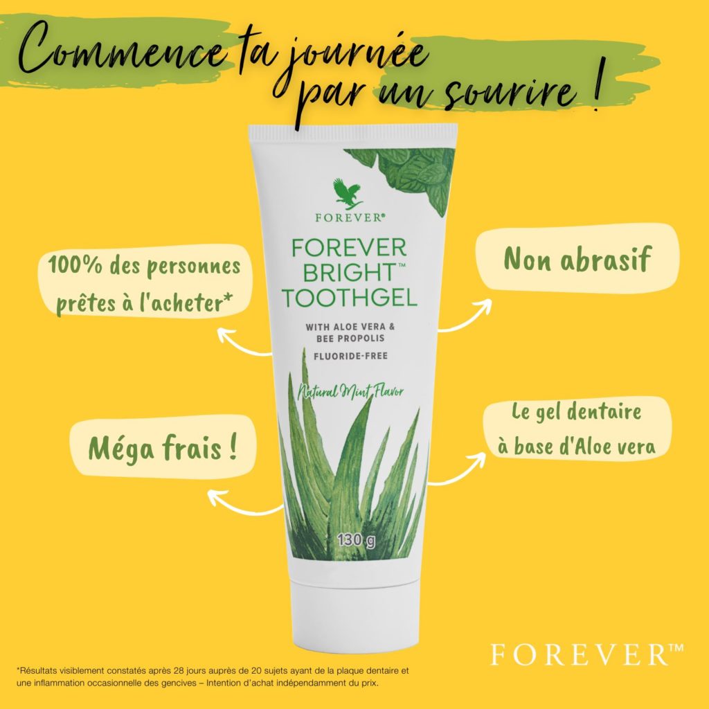 nfographie sur fond jaune du dentifrice Forever Bright Toothgel avec les mentions : non abrasif, méga frais, sans fluor, à base d'aloe vera et propolis d'abeille.