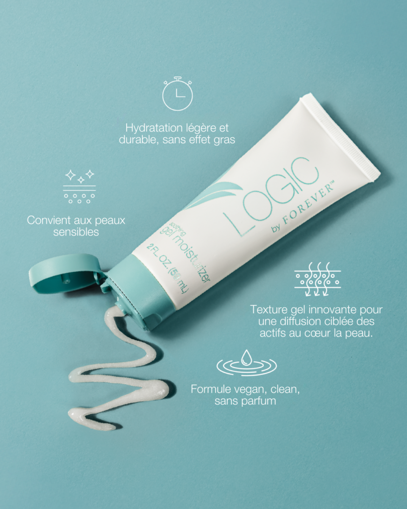 Tube de gel hydratant Logic by Forever ouvert sur un fond bleu, avec une noisette de gel blanc sortant du tube et des icônes descriptives des bienfaits du produit.