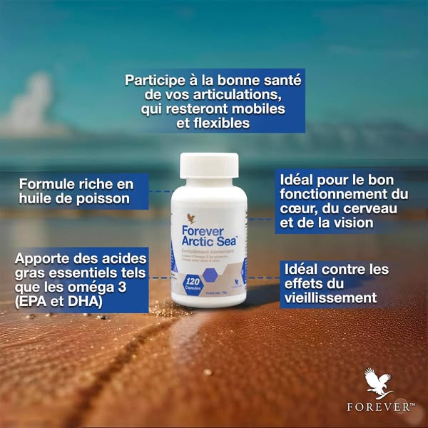 Forever Arctic Sea – Complément alimentaire oméga-3 EPA/DHA à base d’huiles de poissons, calamar et olive, flacon de 120 capsules.